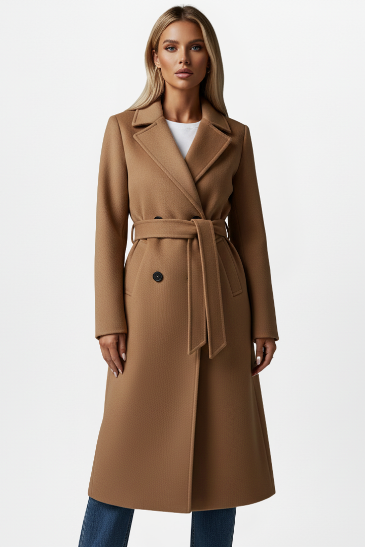 Women's Long Coat with Belt and Double-Breasted Front - photo 7