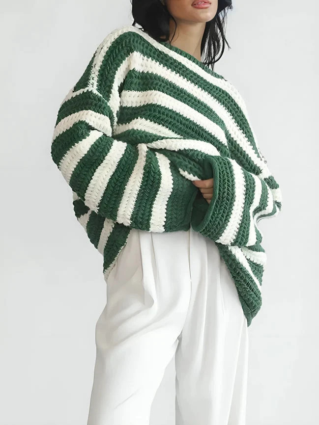 Women's Oversized Striped Chunky Knit Sweater, drop shoulder - photo 1