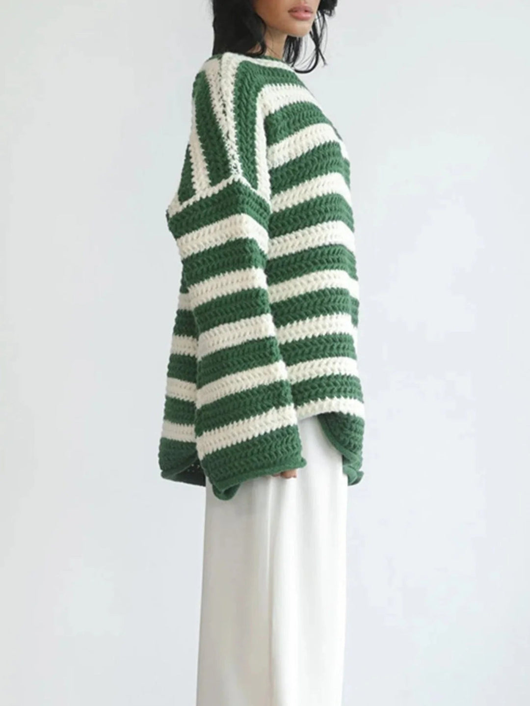 Women's Oversized Striped Chunky Knit Sweater, drop shoulder - photo 2
