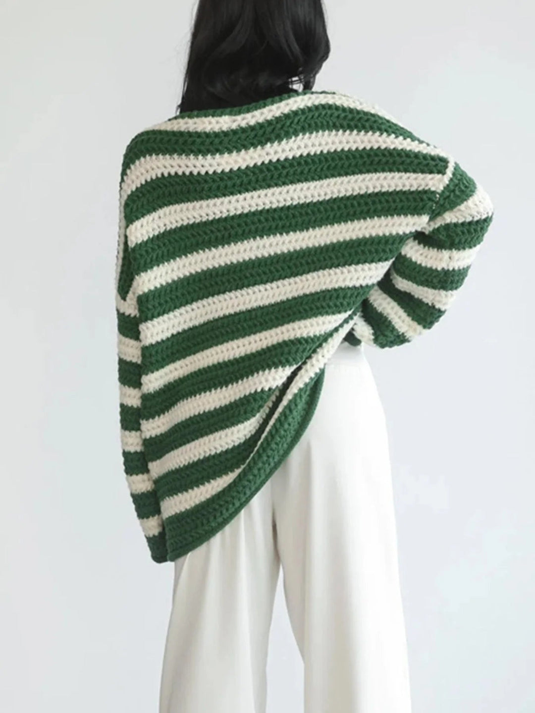 Women's Oversized Striped Chunky Knit Sweater, drop shoulder - photo 3