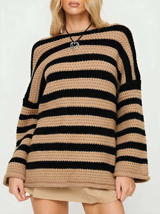 Women's Oversized Striped Chunky Knit Sweater, drop shoulder - photo 4