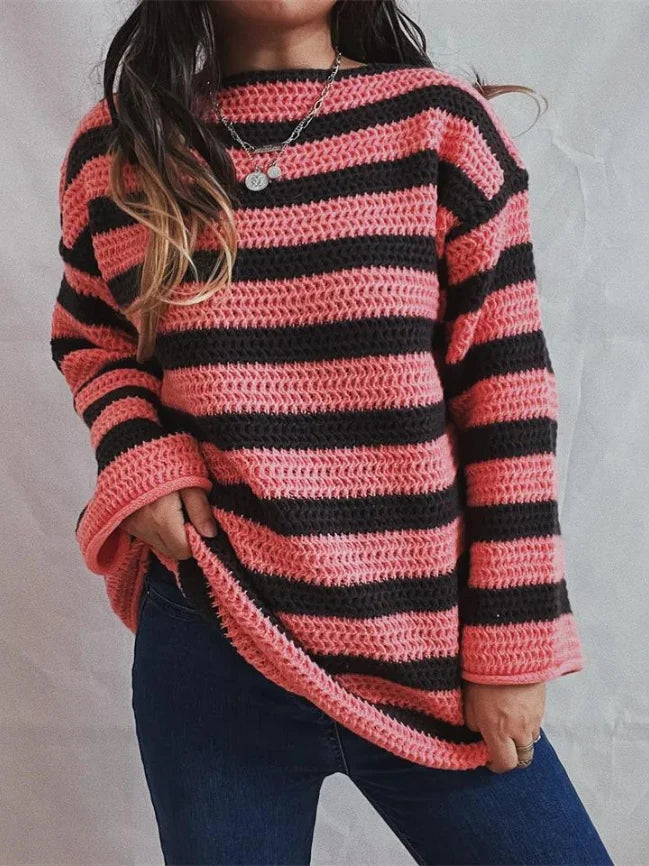 Women's Oversized Striped Chunky Knit Sweater, drop shoulder - photo 5