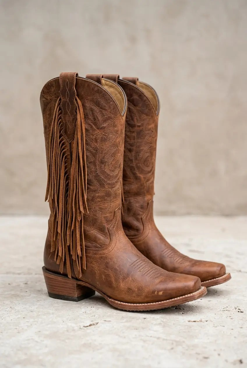 Women's Square-Toe Fringe Western Boots, block heel - photo 1