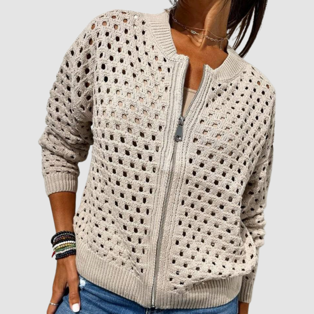 Women's Zip-Front Knit Cardigan, hollow-knit detail - photo 3