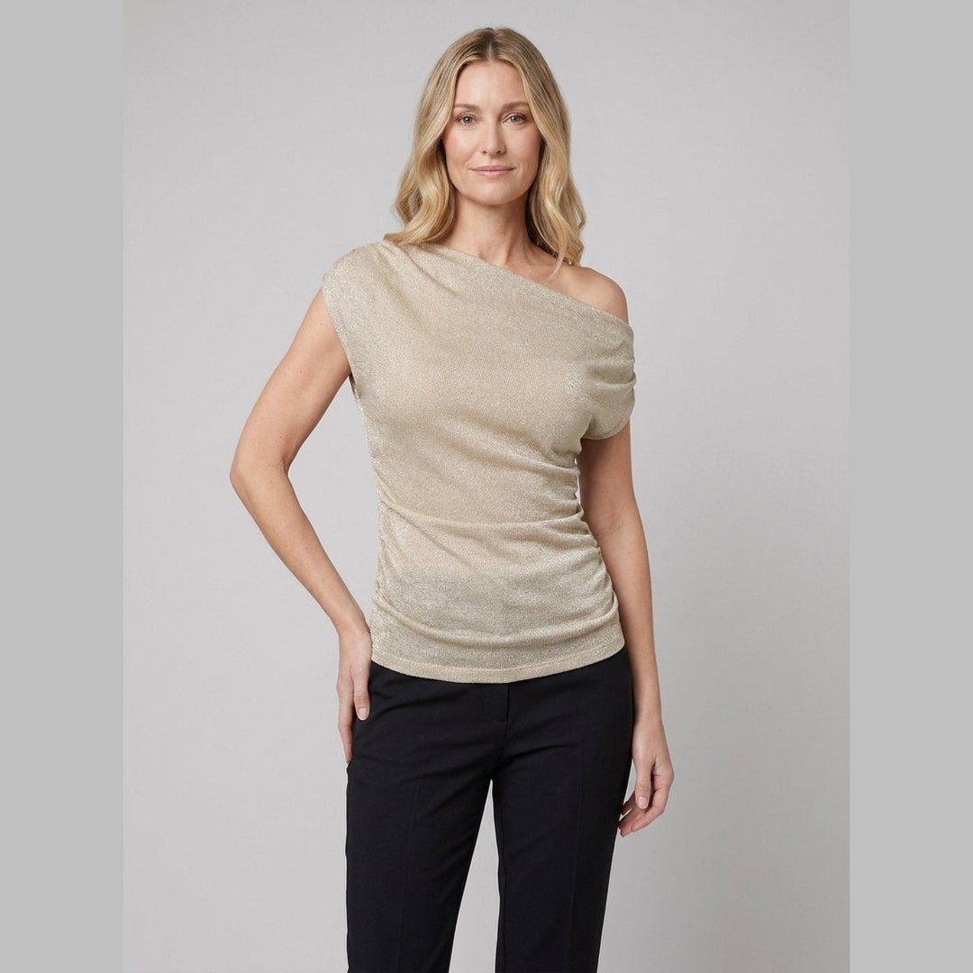 Cleo gold metallic one-shoulder knit top front view