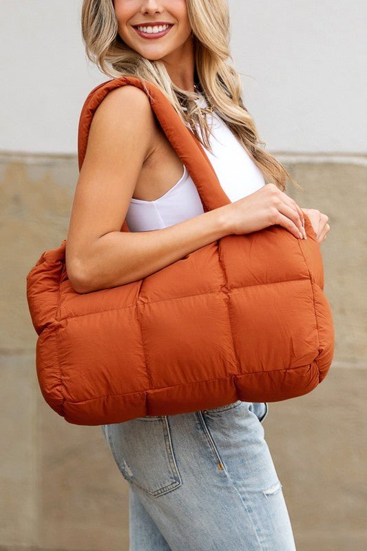 Daphne Puffer Tote featuring a durable polyester and nylon exterior with a stylish cotton lining, perfect for everyday use and trendy outings. - 7