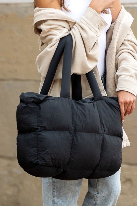 Daphne Puffer Tote featuring a durable polyester and nylon exterior with a stylish cotton lining, perfect for everyday use and trendy outings. - 9