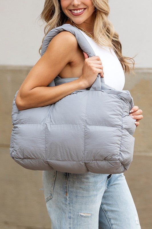 Daphne Puffer Tote featuring a durable polyester and nylon exterior with a stylish cotton lining, perfect for everyday use and trendy outings. - 3