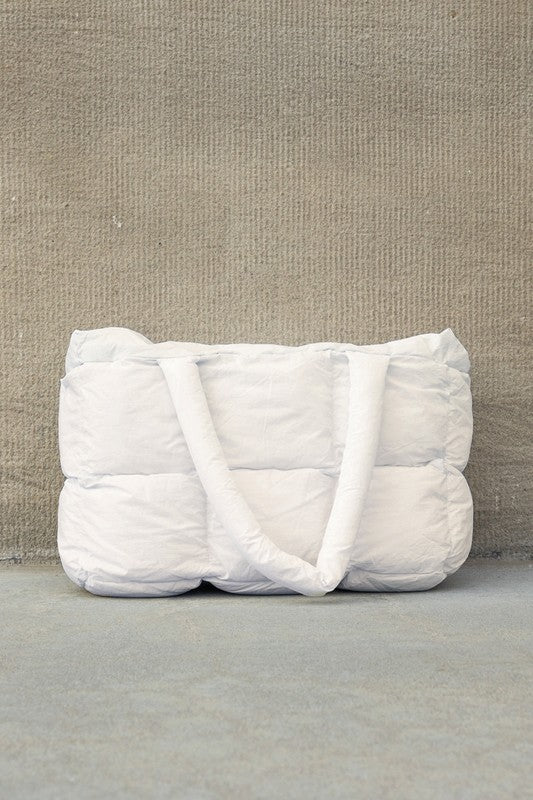 Daphne Puffer Tote featuring a durable polyester and nylon exterior with a stylish cotton lining, perfect for everyday use and trendy outings. - 16
