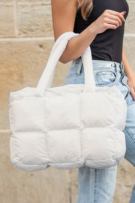 Daphne Puffer Tote featuring a durable polyester and nylon exterior with a stylish cotton lining, perfect for everyday use and trendy outings. - 6