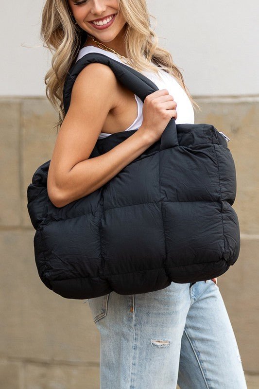 Daphne Puffer Tote featuring a durable polyester and nylon exterior with a stylish cotton lining, perfect for everyday use and trendy outings. - 2