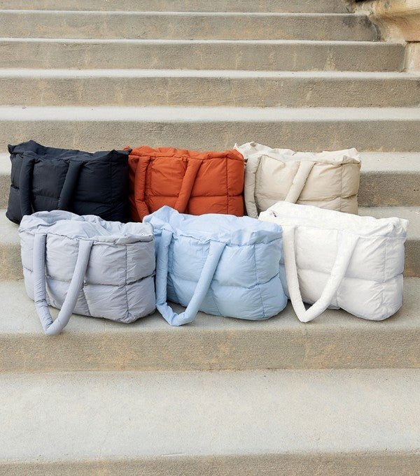 Daphne Puffer Tote featuring a durable polyester and nylon exterior with a stylish cotton lining, perfect for everyday use and trendy outings. - 10