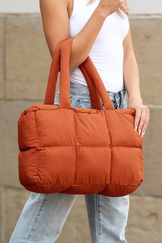 Daphne Puffer Tote featuring a durable polyester and nylon exterior with a stylish cotton lining, perfect for everyday use and trendy outings. - 5