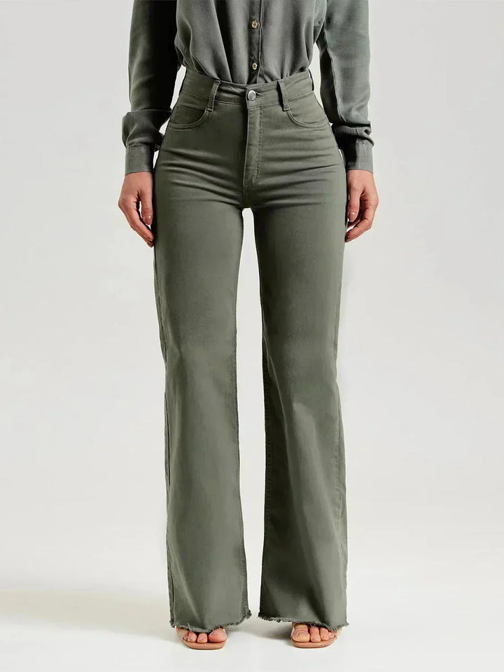 Jade wide-leg trousers with a frayed hem made from soft denim fabric, perfect for a stylish and comfortable casual look. - 1
