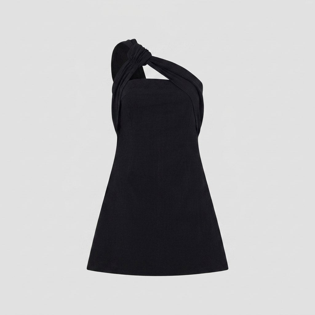 Diora black one-shoulder mini cocktail dress, product flat lay