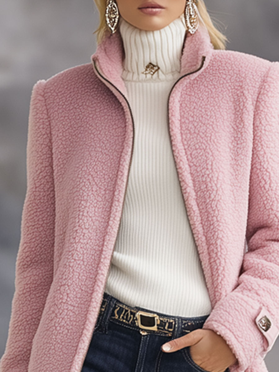 Women's Vintage Fleece Jacket, Full Zip, Stand-Up Collar, Relaxed Fit