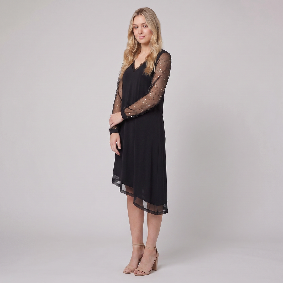 Matilda sheer sleeve evening dress in black, three-quarter view on model