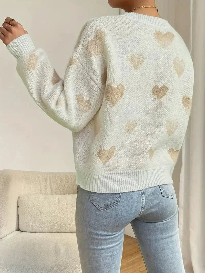 Women's Fleece Pullover, Heart Pattern, Crew Neck, Plush Sweater