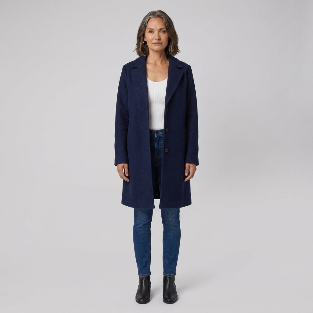 Baylea wool coat navy blue front on model