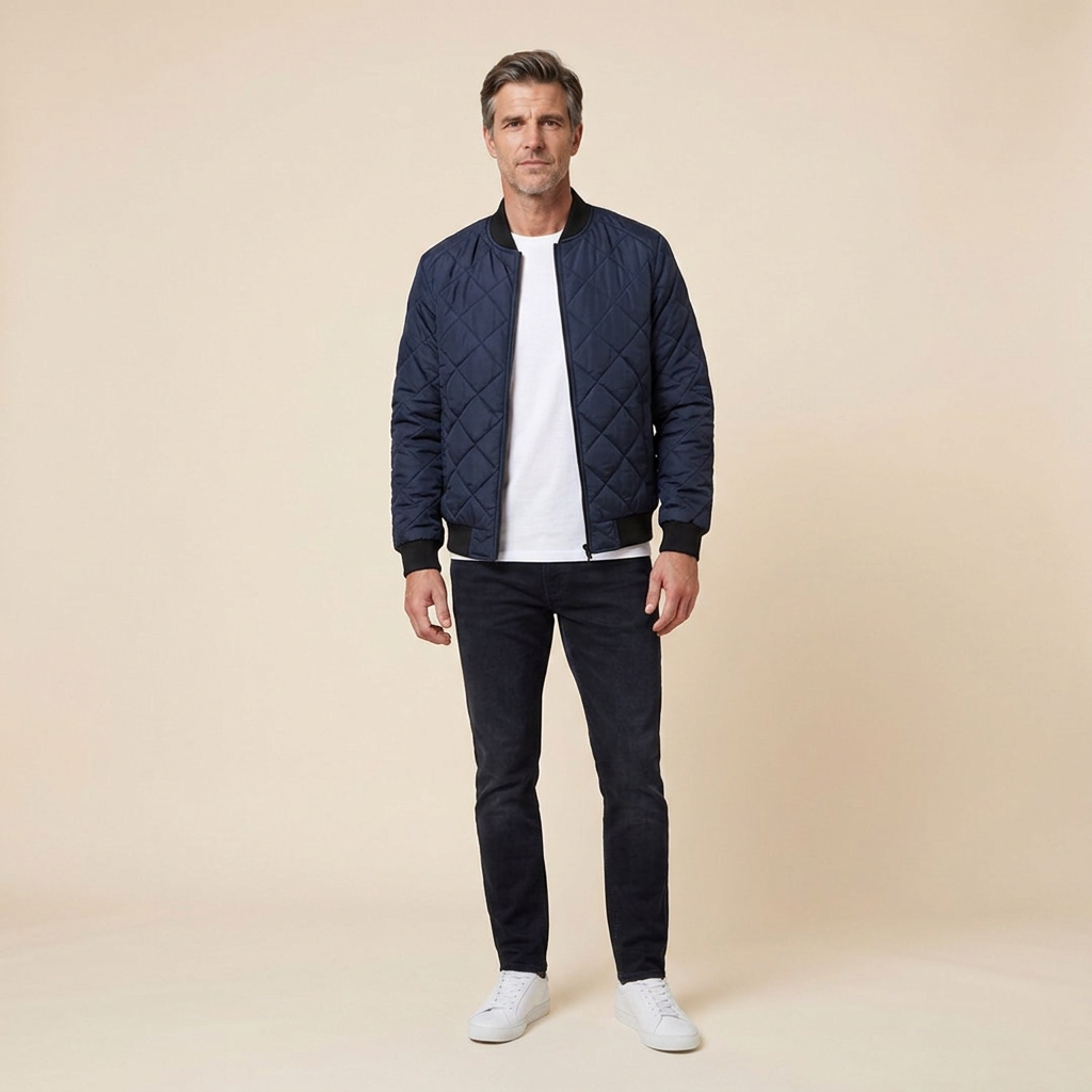 Grayson quilted bomber navy front on model