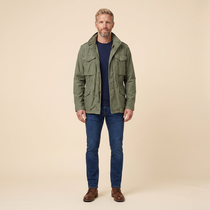 Boston M65 field jacket green front on model
