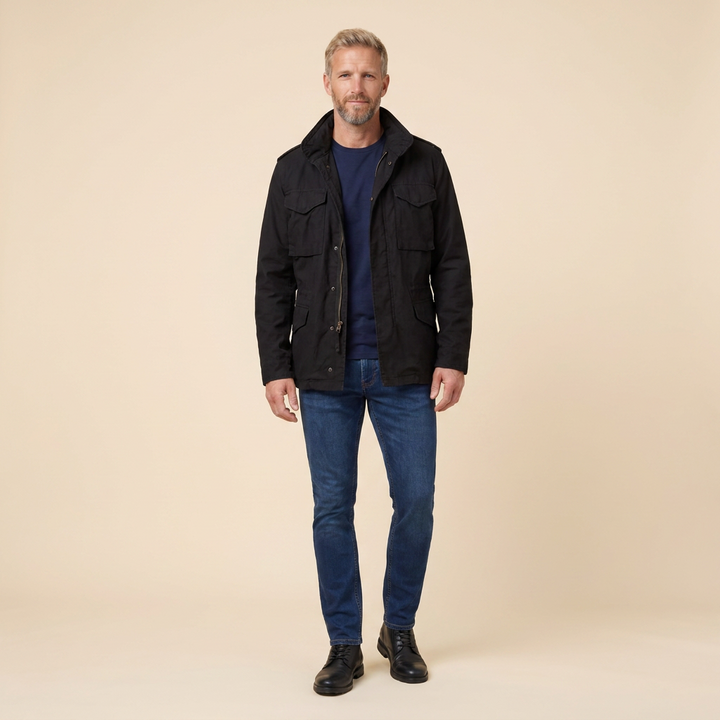 Boston M65 field jacket black front on model