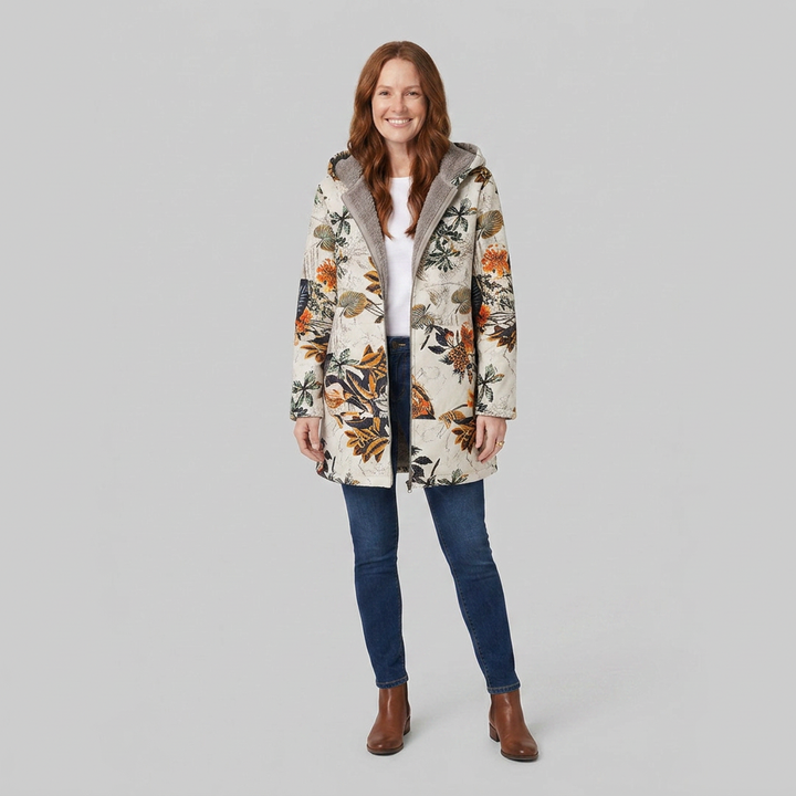 Flora parka beige orange floral front on model