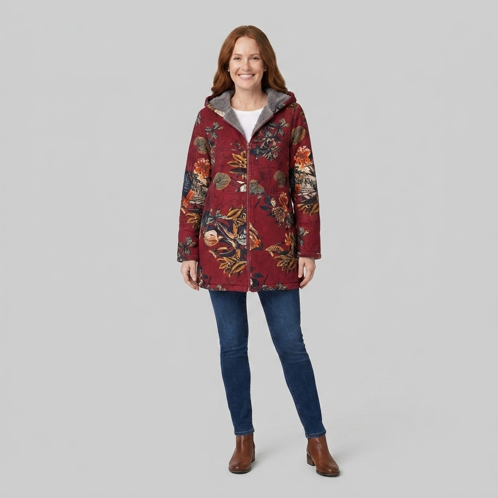 Flora parka red floral front on model