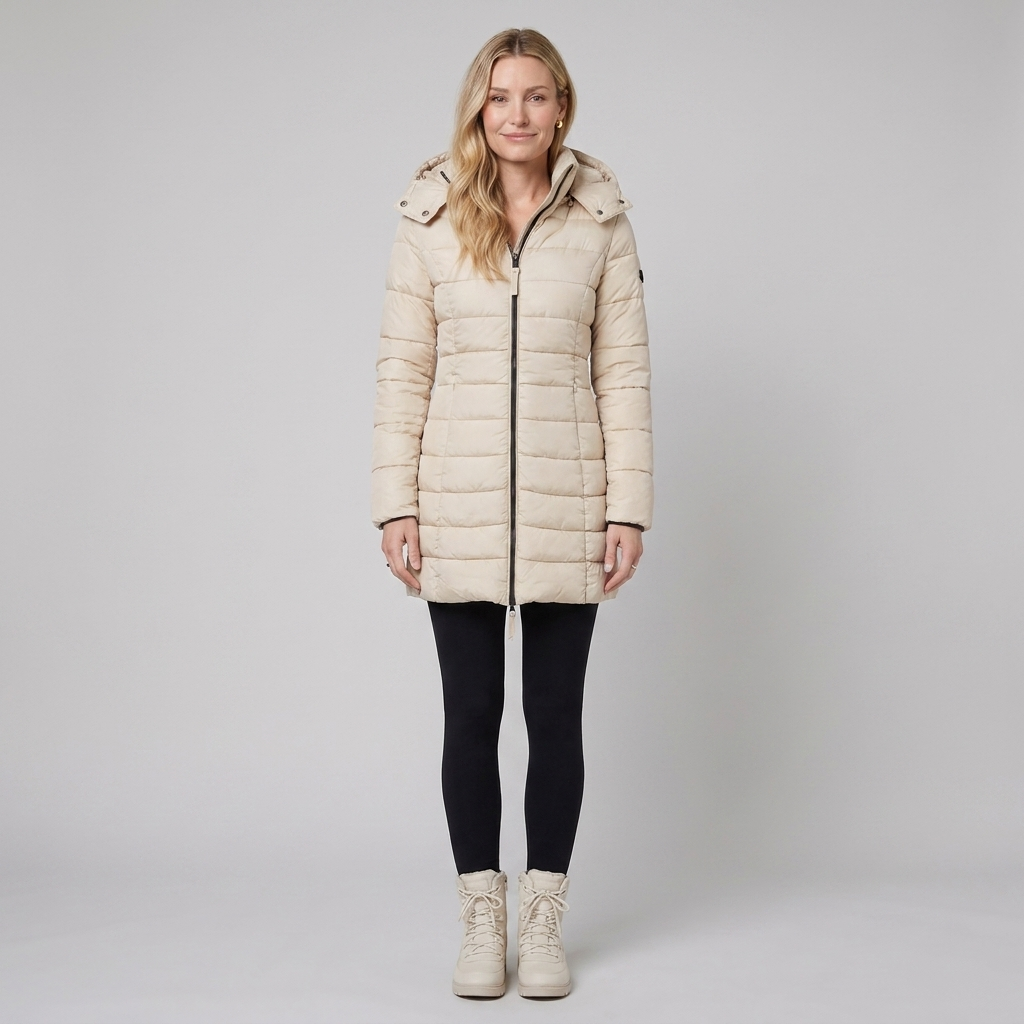 Lady winter coat khaki front on model