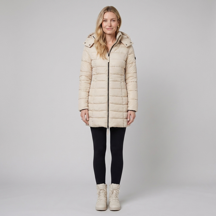Lady winter coat khaki front on model
