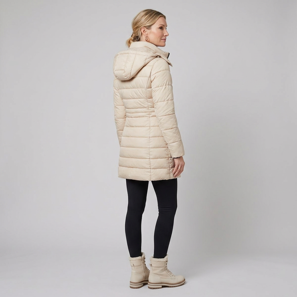 Lady winter coat khaki three-quarter pose on model