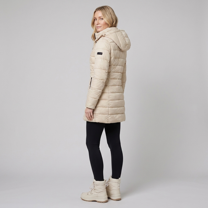 Lady winter coat khaki side back on model