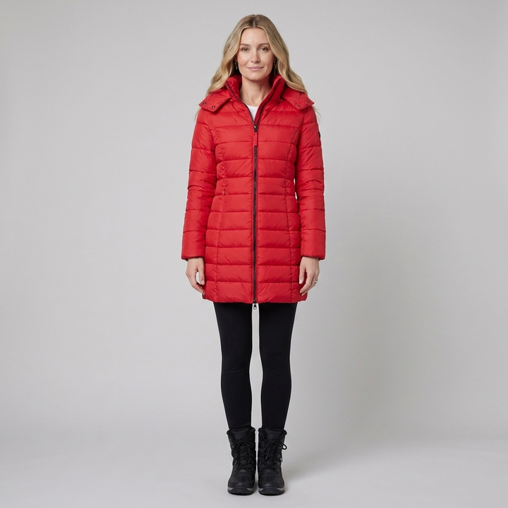 Lady winter coat red front on model
