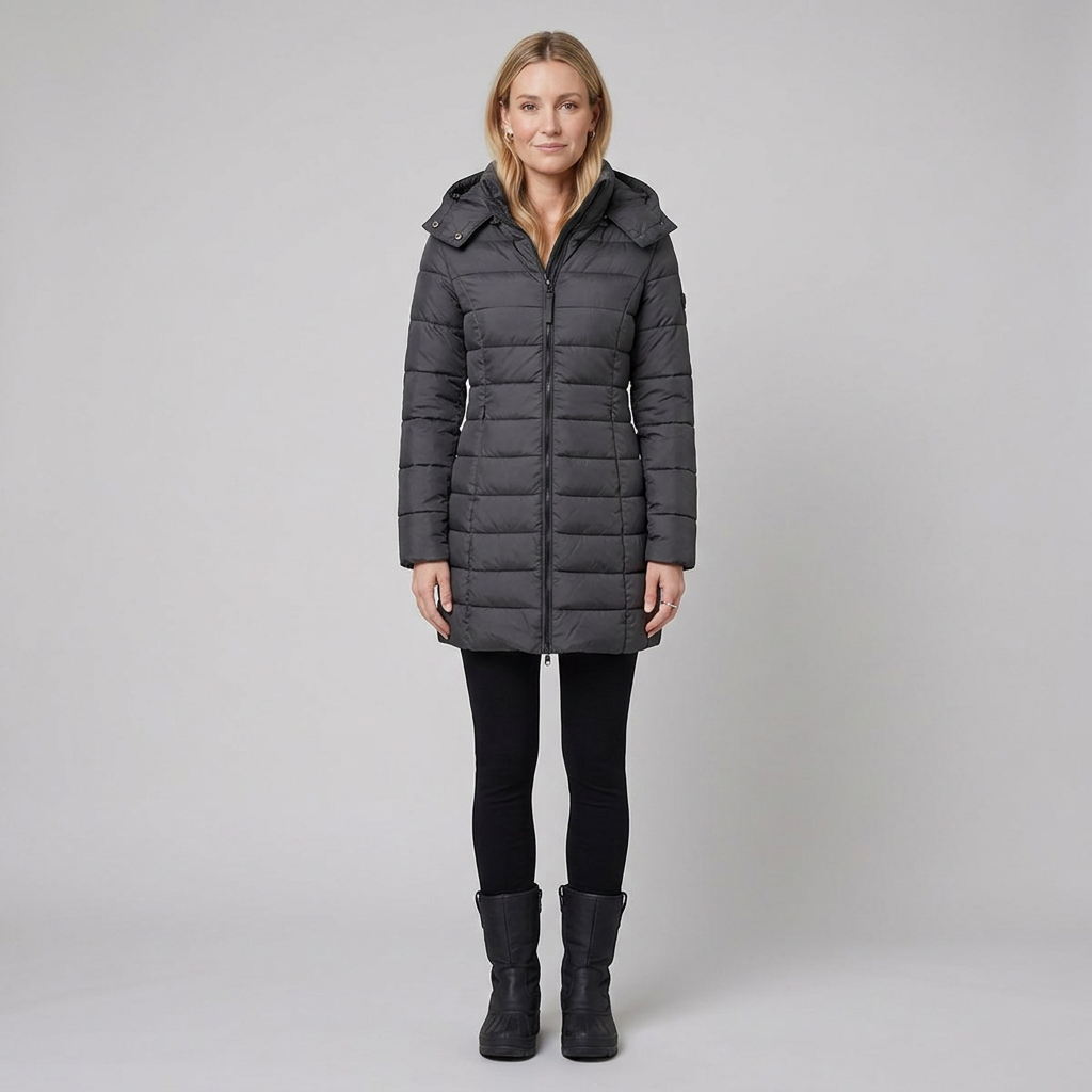 Lady winter coat gray front on model