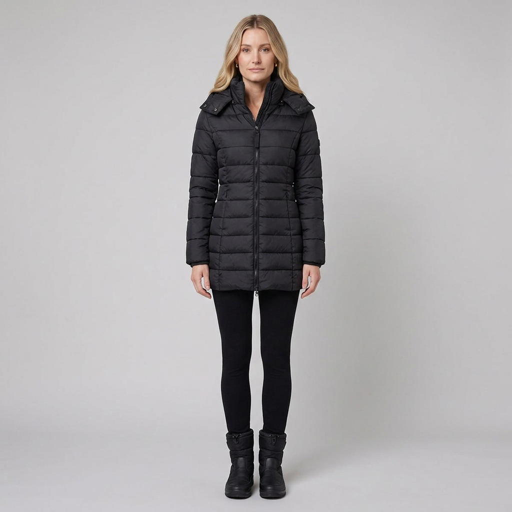 Lady winter coat black front on model