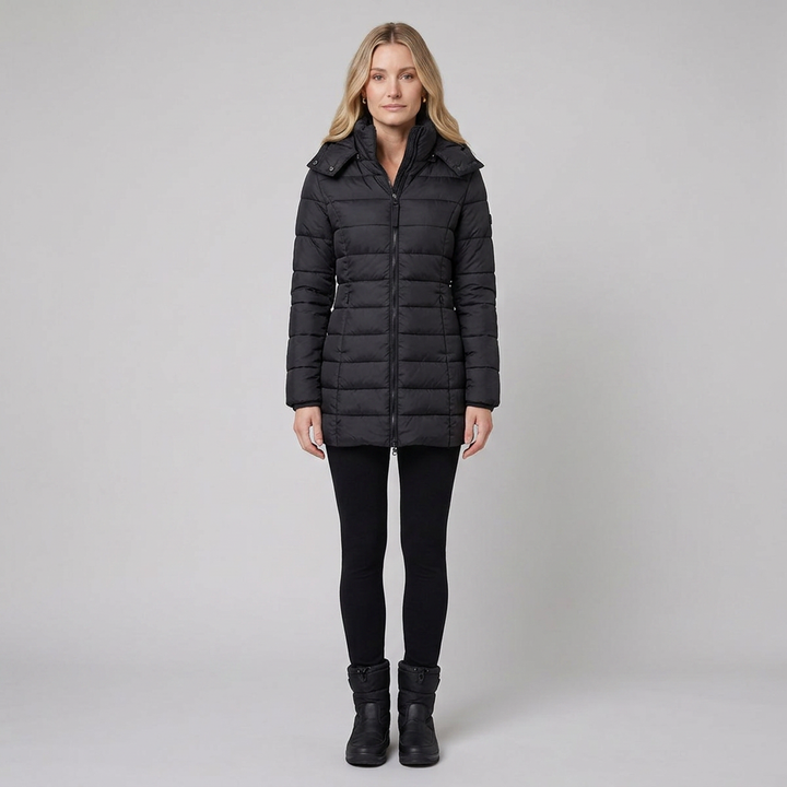 Lady winter coat black front on model
