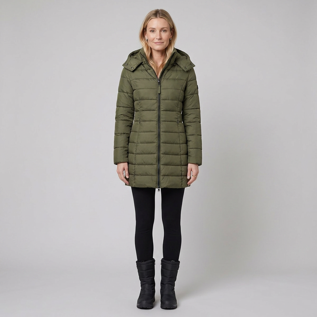 Lady winter coat army green front on model