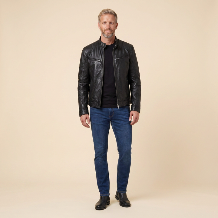 James leather jacket black front on model
