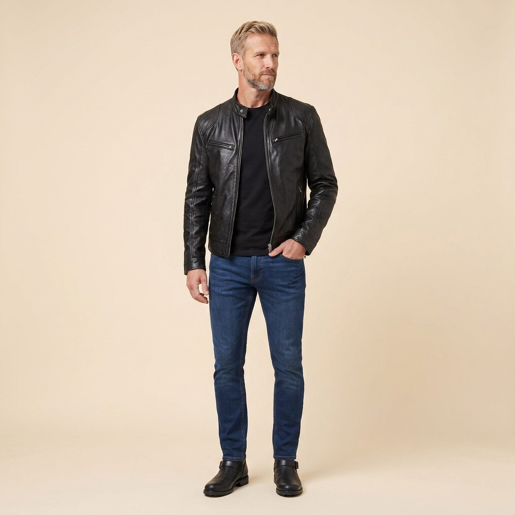 James leather jacket black three-quarter pose on model