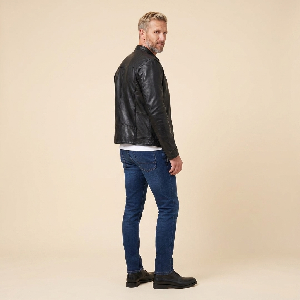 James leather jacket black side back on model