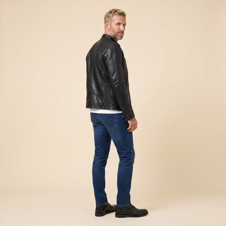 James leather jacket black side back on model