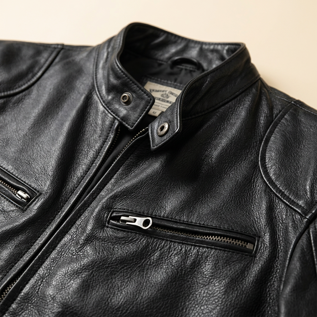 James leather jacket collar zip pocket detail