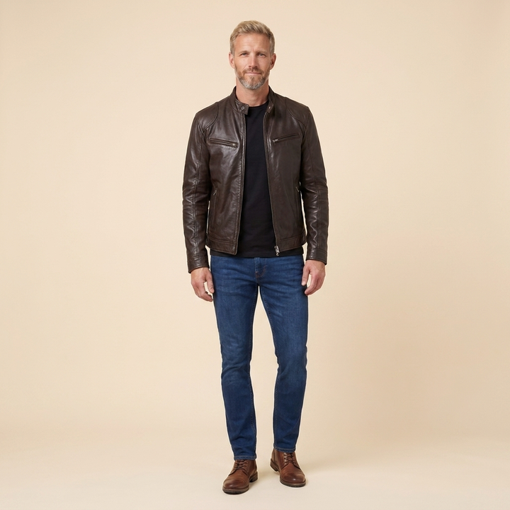 James leather jacket dark brown front on model