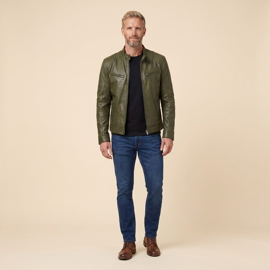 James leather jacket army green front on model
