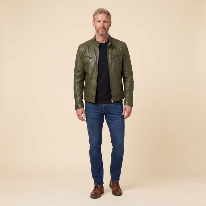 James leather jacket army green front on model