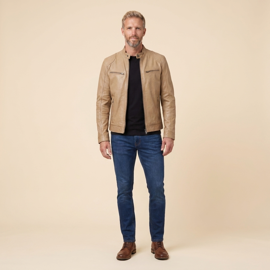 James leather jacket beige tan front on model