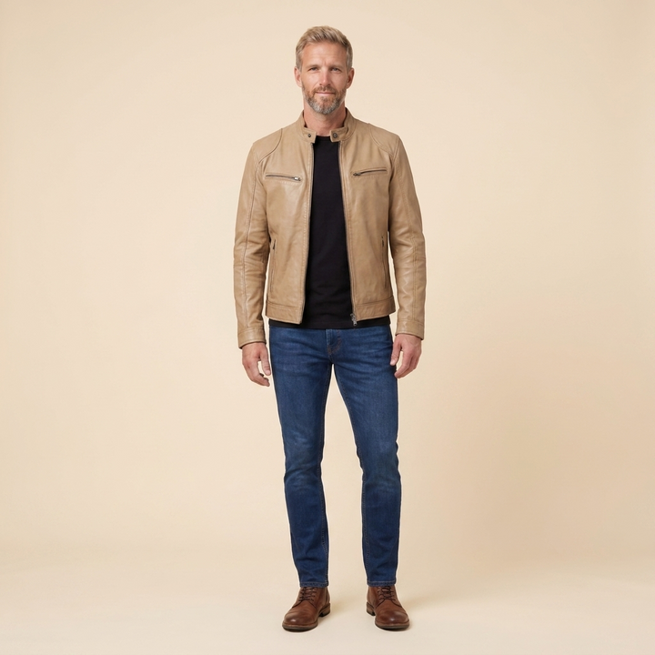 James leather jacket beige tan front on model
