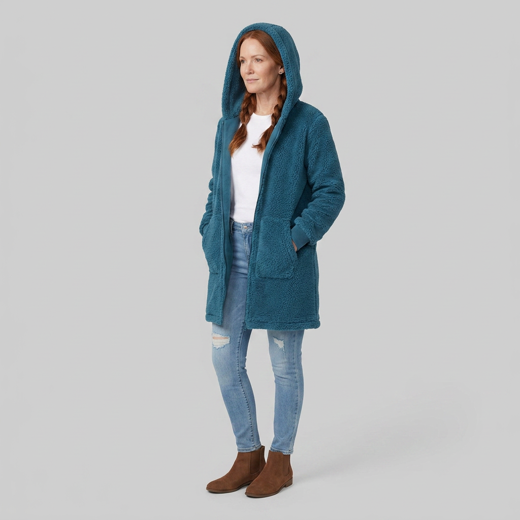 Bridget fleece jacket blue hood-up pose on model