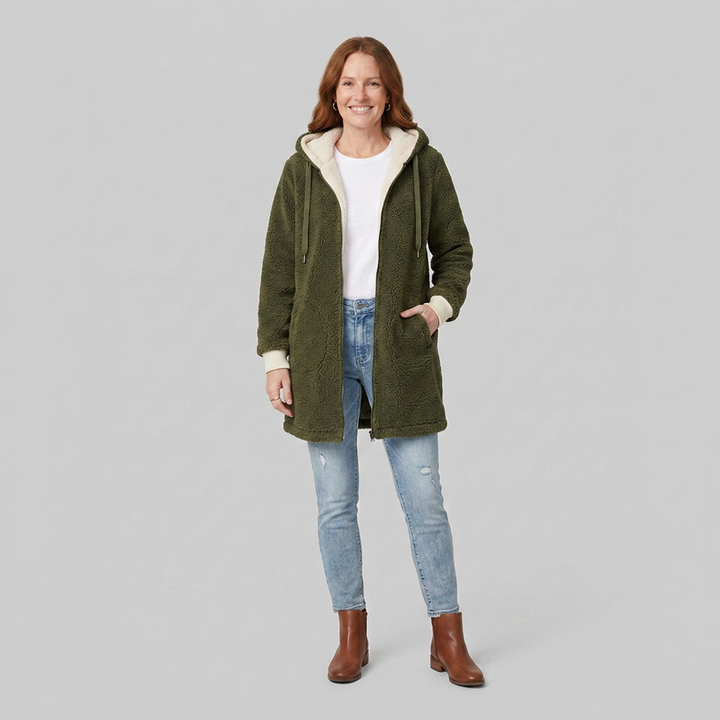 Bridget fleece jacket olive green front on model