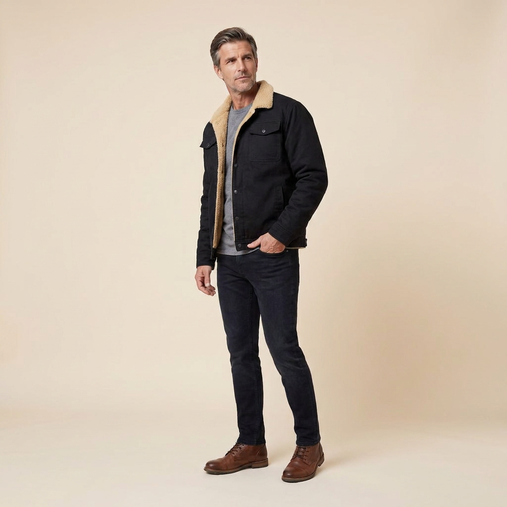 Travis bomber jacket black three-quarter pose on model